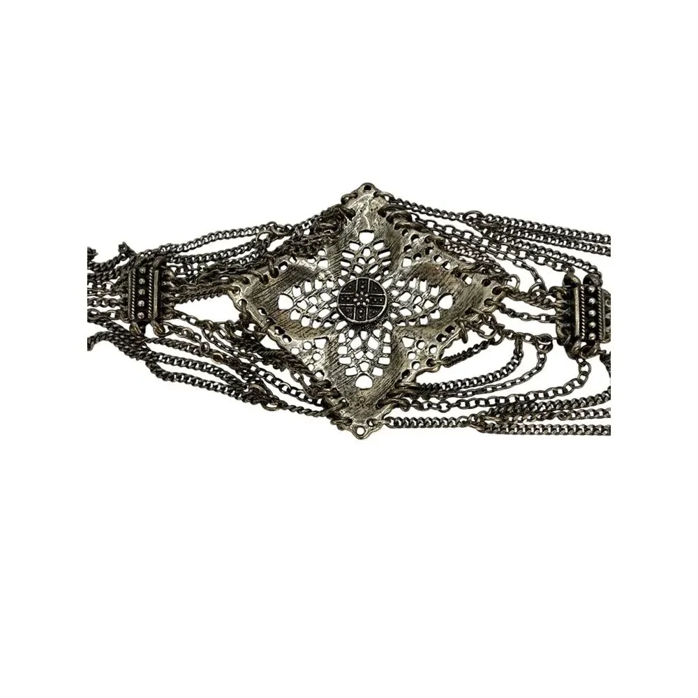 Lucky Brand Vintage Silver Filigree Flower Cuff Bracelet with Teal Cabochon